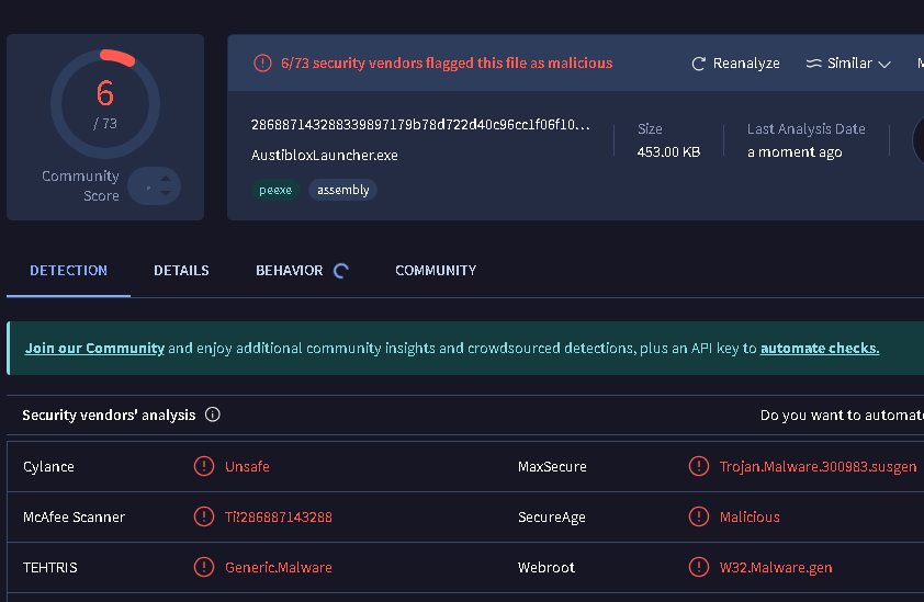 Virus in AustibloxLauncher.exe